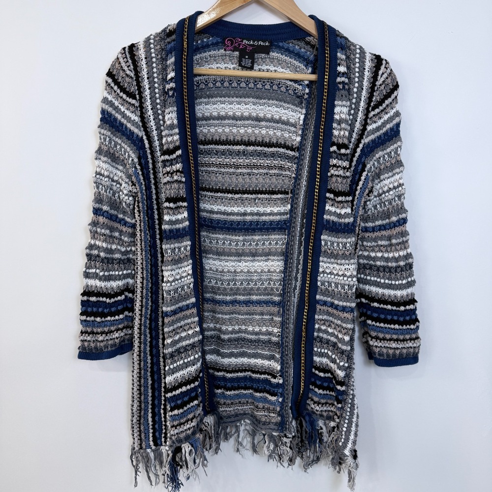 Striped Open Front Cardigan Sweater‎ Womens M Fringe Chain Link Trim 3/4 Sleeves